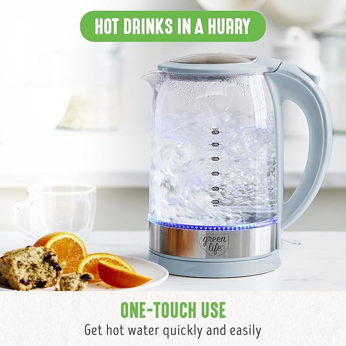 GreenLife 1.7 Liter Glass Electric Kettle, Easy One Touch Use, Quick Heating - Image 2