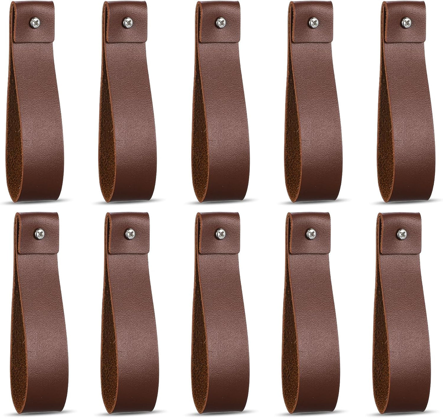 10pcs PU Leather Straps for Hanging Wall Hooks 1 x 4.7 Inches Curtain Rod Holder Leather Wall Hanging Strap with Screws Leathers Hook Lanyard for Bathroom Kitchen Walls Mounted Loop Towel Hook (Brown)