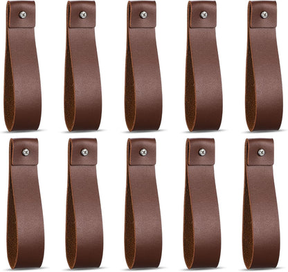 10pcs PU Leather Straps for Hanging Wall Hooks 1 x 4.7 Inches Curtain Rod Holder Leather Wall Hanging Strap with Screws Leathers Hook Lanyard for Bathroom Kitchen Walls Mounted Loop Towel Hook (Brown)