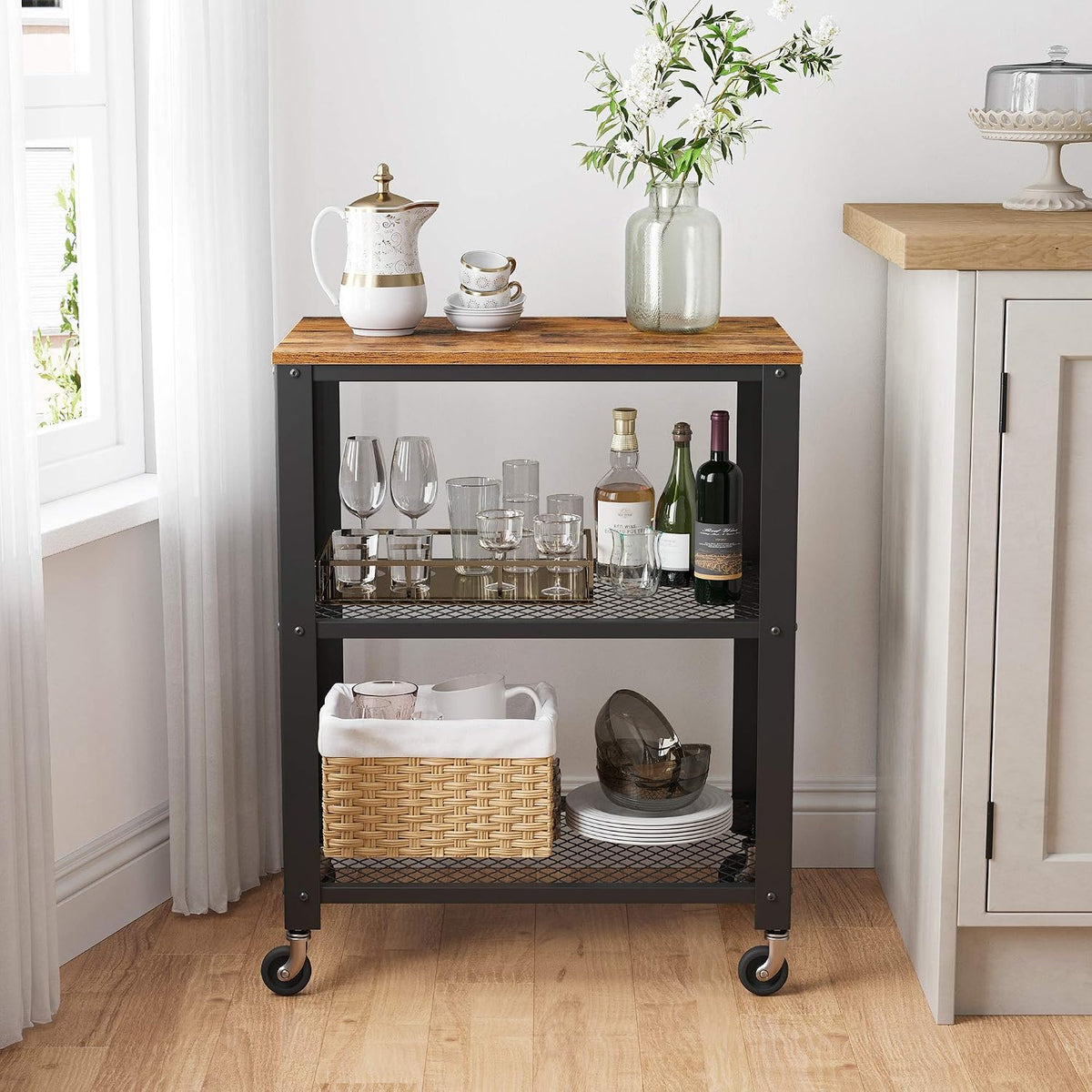VASAGLE 3-Tier Serving Cart on Wheels with Storage