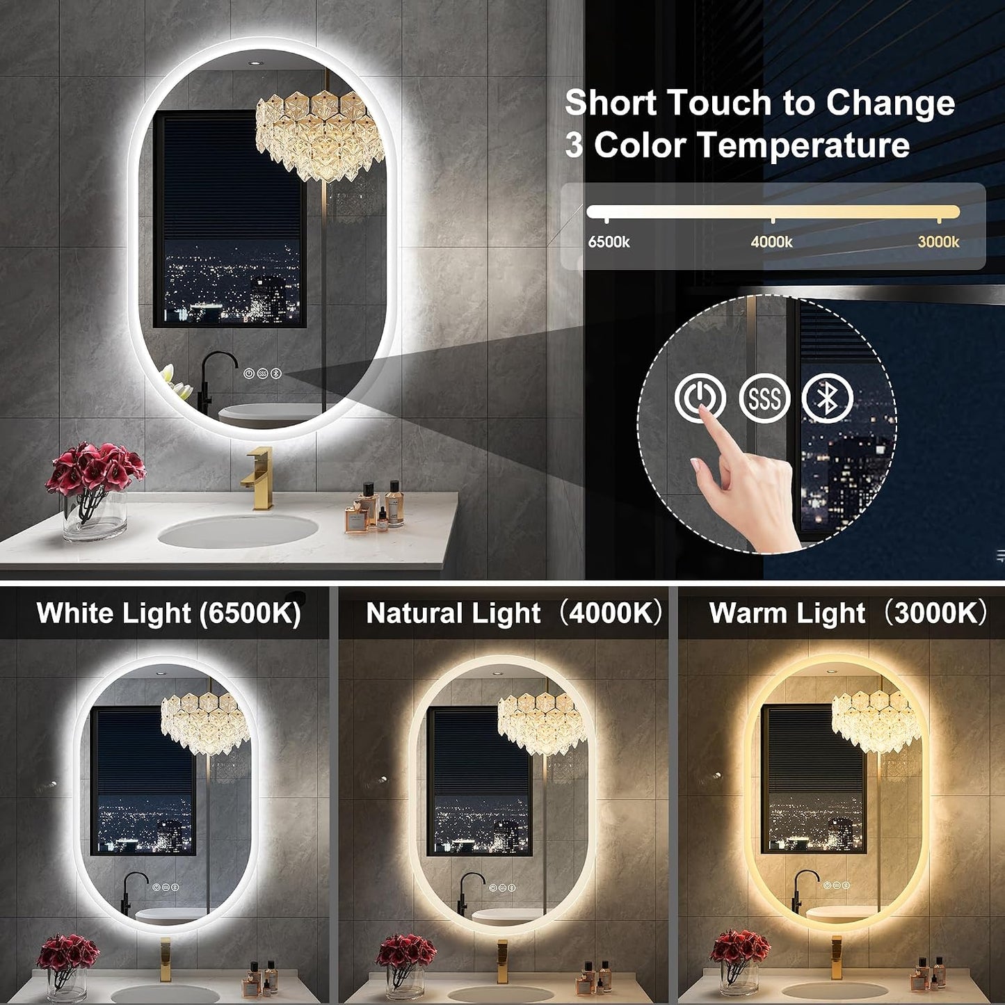 S'bagno 24x40 Oval LED Bathroom Mirror with Lights, Anti-Fog, Bluetooth Speaker, 3 Colors Temperature & Dimmable, Lighted Mirrors for Bathroom Wall with Memory Function, Waterproof, Shatter-Proof