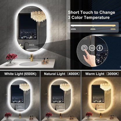 S'bagno 24x40 Oval LED Bathroom Mirror with Lights, Anti-Fog, Bluetooth Speaker, 3 Colors Temperature & Dimmable, Lighted Mirrors for Bathroom Wall with Memory Function, Waterproof, Shatter-Proof