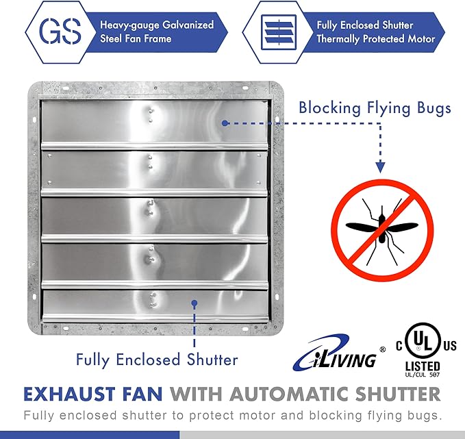 iLIVING 20" Wall Mounted Shutter Exhaust Fan, Automatic Shutter, - Image 3