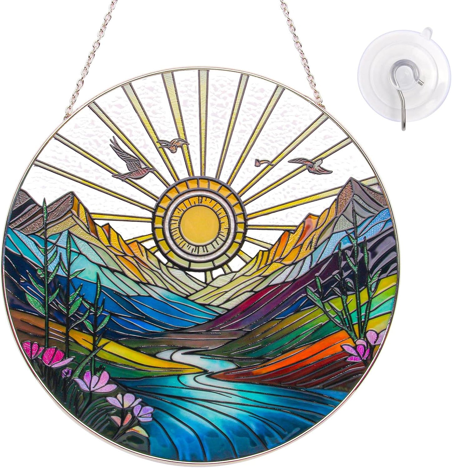 Sun Mountains Stained Glass Window Hanging, Sunrise & Sunset Design, Round Stained Glass Sun Catcher Window Hanging Decor, Handcrafted Art Panel for Indoor/Outdoor Light Catchers, Home Gifts (6inch)