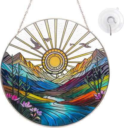 Sun Mountains Stained Glass Window Hanging, Sunrise & Sunset Design, Round Stained Glass Sun Catcher Window Hanging Decor, Handcrafted Art Panel for Indoor/Outdoor Light Catchers, Home Gifts (6inch)