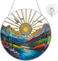 Sun Mountains Stained Glass Window Hanging, Sunrise & Sunset Design, Round Stained Glass Sun Catcher Window Hanging Decor, Handcrafted Art Panel for Indoor/Outdoor Light Catchers, Home Gifts (6inch)