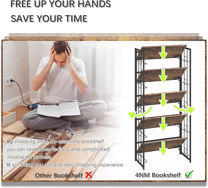 4NM No Assembly 5 Tiers Folding Bookshelf, 59.4" H Foldable Storage Shelves - Image 6