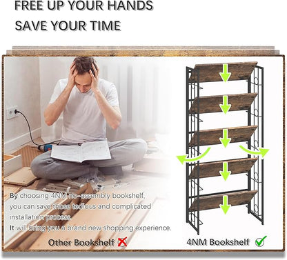 4NM No Assembly 5 Tiers Folding Bookshelf, 59.4" H Foldable Storage Shelves - Image 6