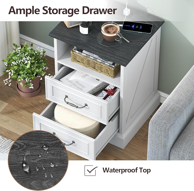 Nightstand with Charging Station, Rustic Farmhouse Wood Small Dresser, Bedside - Image 6