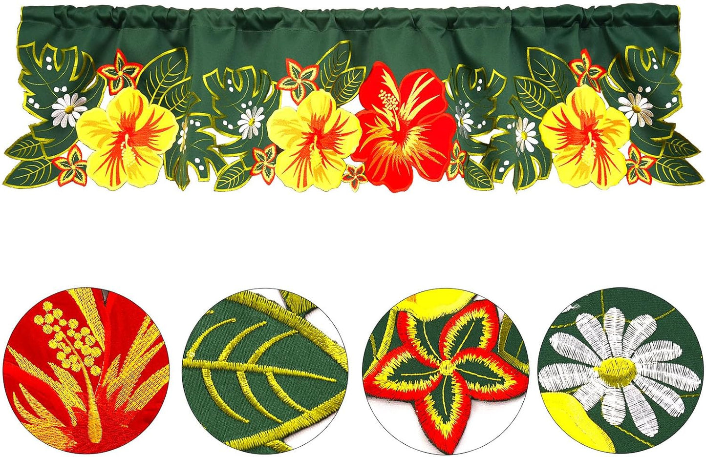 Embroidered Tropical Palm Leaves and Hibiscus Flower Curtain Valance W 57 × L 14 Inches for Hawaiian Luau, Paradise Jungle Beach Themed Party, Kitchen Window Decorations (Hibiscus)