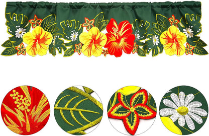 Embroidered Tropical Palm Leaves and Hibiscus Flower Curtain Valance W 57 × L 14 Inches for Hawaiian Luau, Paradise Jungle Beach Themed Party, Kitchen Window Decorations (Hibiscus)