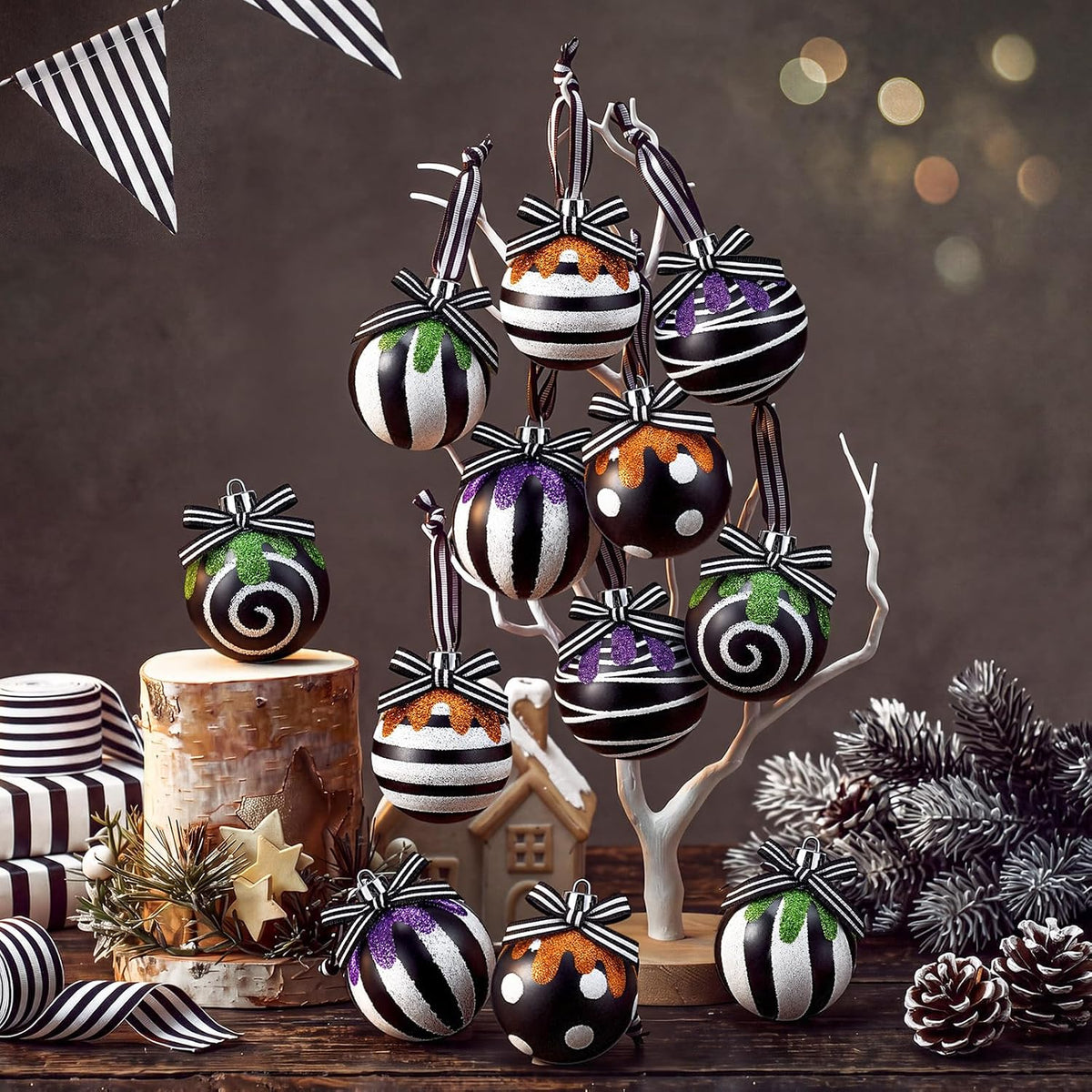 24 Pcs 2.36 Inch Black and White Halloween Christmas Ball Ornament for Tree
