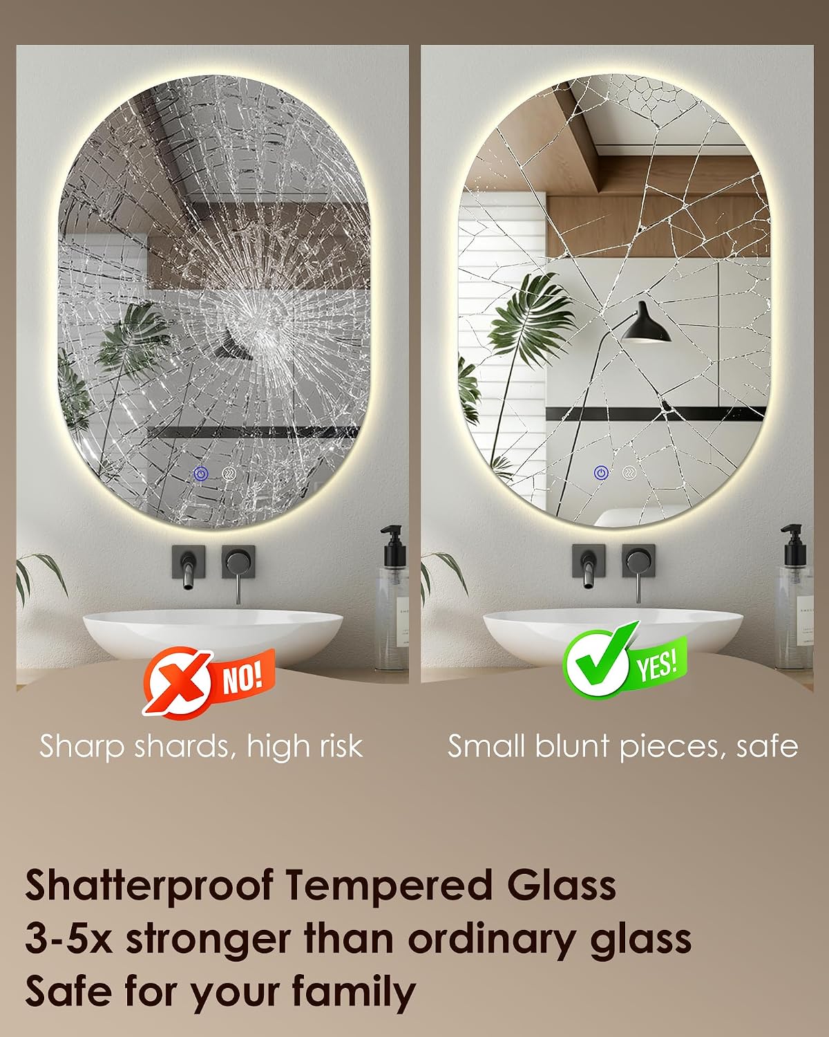 Irregular LED Bathroom Mirror 32"x22" Dimmable Anti Fog | Oval Shape, Shatterproof tempered glass, 3 color temps (3000K-6000K), stepless dimming, Mount vertical or horizontal