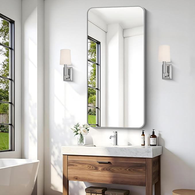 48x24 Inch Silver Bathroom Mirror, Metal Framed Silver Rectangle Mirror - Image 5