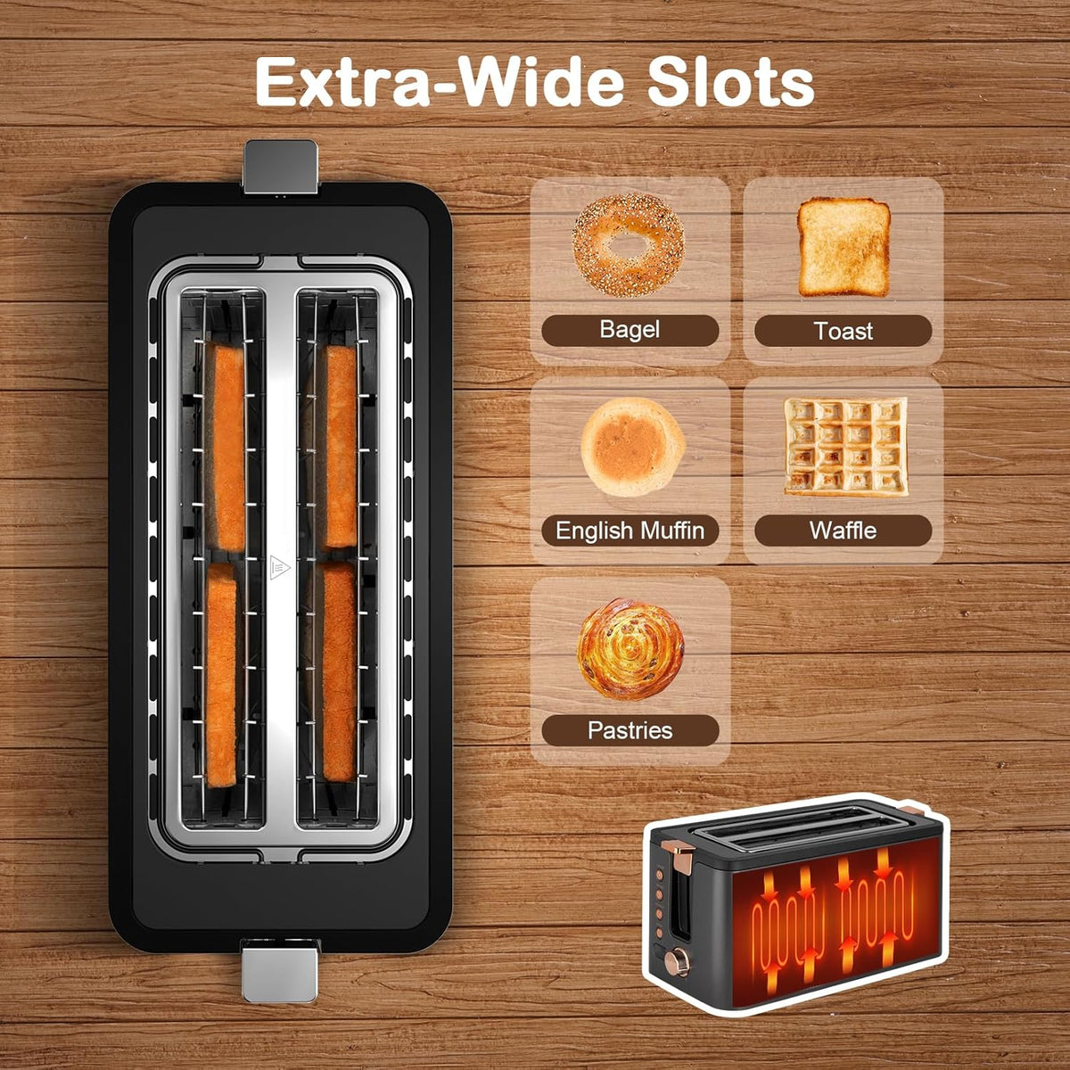mecity 4 slice toaster, long slot toaster with, side view