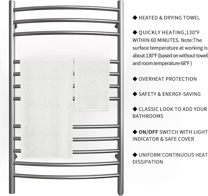 HEATGENE Towel Warmer Gun Grey, Electric Hot Towel Rails, Wall-Mounted Large 12 - Image 3