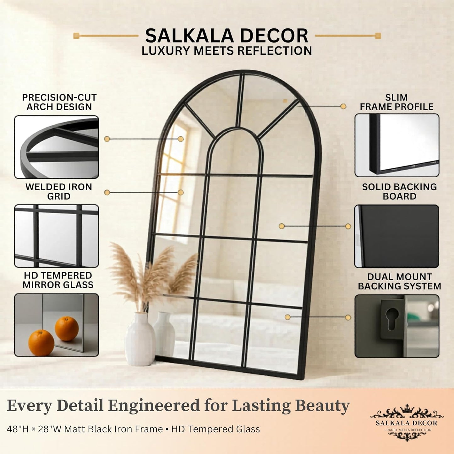 48x28Inch Arched Window Pane Mirror| Black Arched Mirrors for Wall & Floor | Arch Mirror Full Length for Entryway Living Room & Bedroom | Oversized Mirrors | Wall Art Decorative |Farmhouse Décor