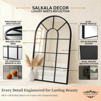 48x28Inch Arched Window Pane Mirror| Black Arched Mirrors for Wall & Floor | Arch Mirror Full Length for Entryway Living Room & Bedroom | Oversized Mirrors | Wall Art Decorative |Farmhouse Décor