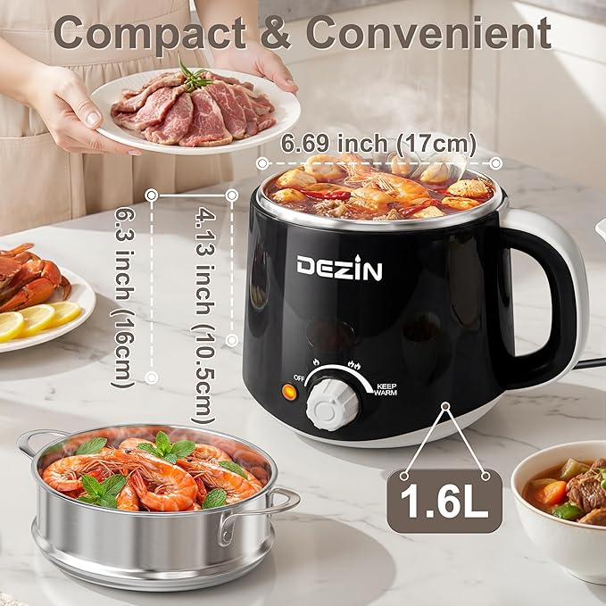 Dezin Hot Pot Electric with Steamer, Rapid Noodles Cooker, Stainless Steel - Image 3