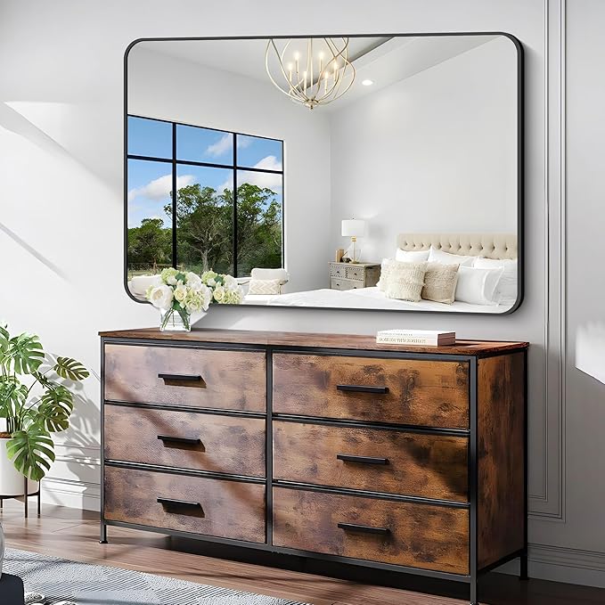Bathroom Mirror, 55 x 36 inch Black Rectangle Wall Mirror, Metal Frame Rounded - Image 6