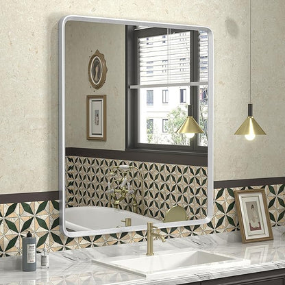 30x36 Inch Silver Bathroom Mirror, Brushed Silver Metal Frame Mirror, Rounded by GOLOMO
