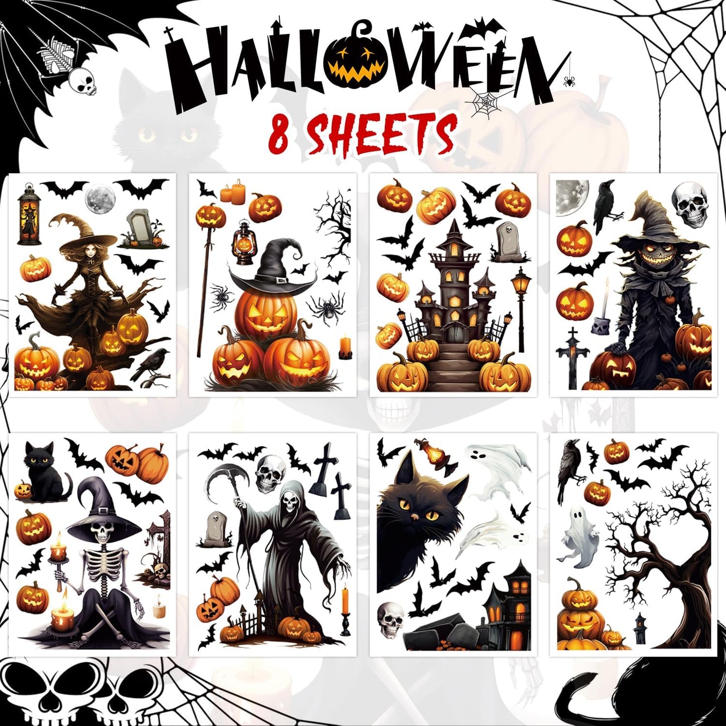 SULOLI 8 Sheets Halloween Window Clings, Scary Halloween Window Stickers Removable Double Sided Halloween Black Window Decals for Glass Window Halloween Decoration