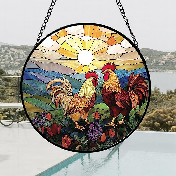AMDERVEN Stained Glass Window Hanging, Countryside Scenery Chicken Sun Catcher - Image 2