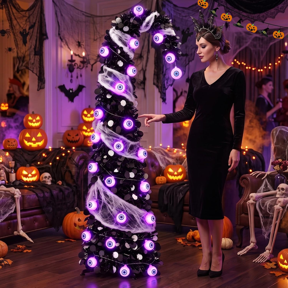 5FT Pop Up Halloween Tree with 35 Purple Eyeball Lights & Spider Web