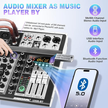 6 Channel Audio Interface Sound Board Mixing Console 16-Bit DSP DJ Mixer Audio - Image 4