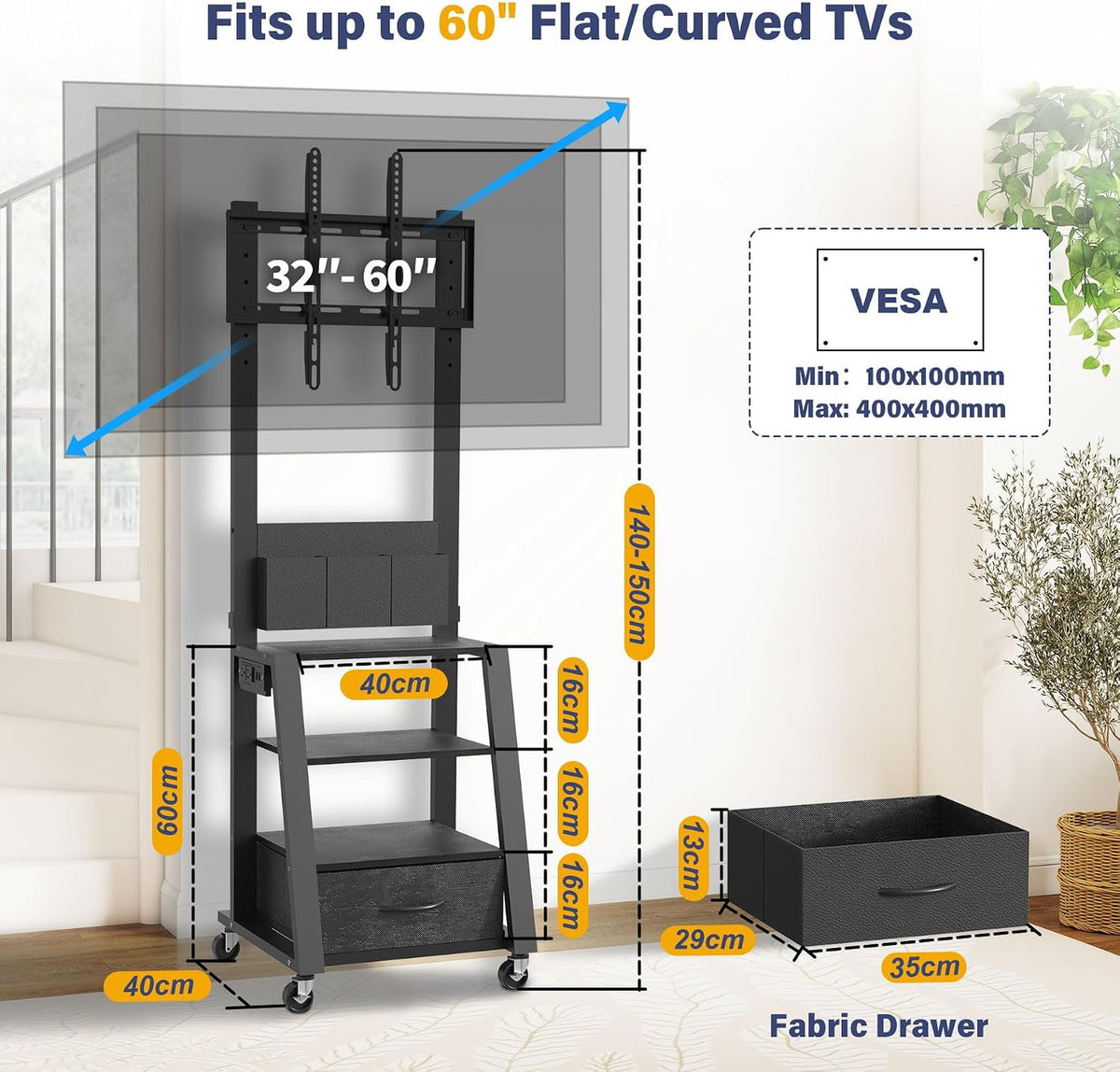 Rolling TV Stand with Power Outlet & 4-Tier Storage for 23"-60"...