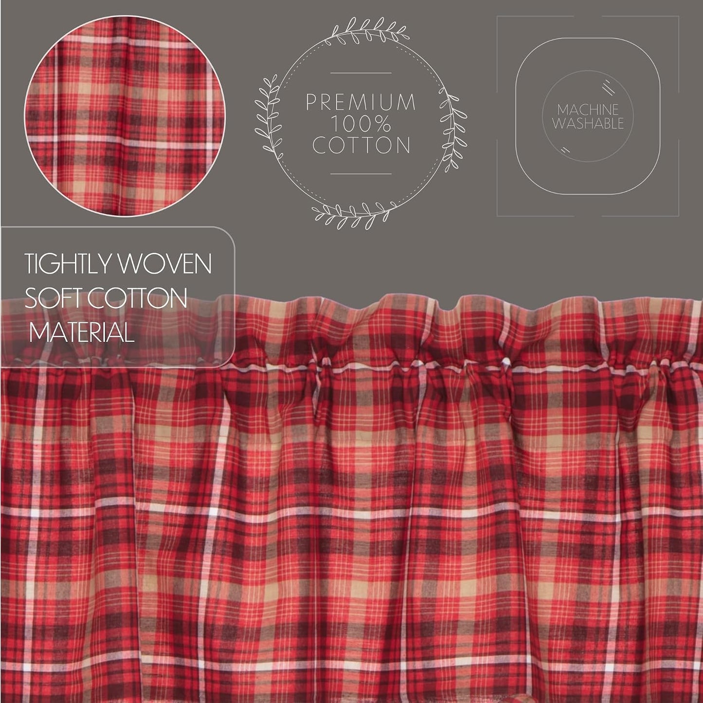 VHC Brands Rustic Red Plaid Braxton Scalloped Curtain for Kitchen & Dining Room Valance 16x72