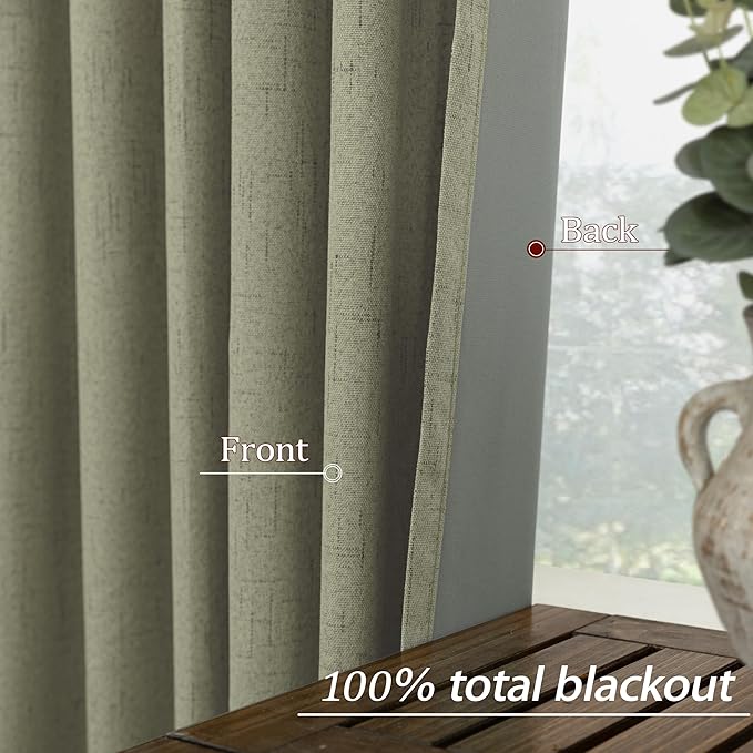 KOUFALL 52x72 Inches Long Sage Green Back Tab Linen Blackout Curtains - Image 5