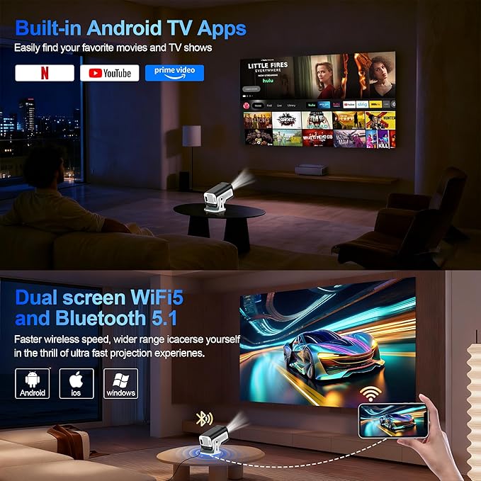 Mini Projector with Dual 5G WiFi and Bluetooth, Built-in App Smart Portable - Image 4