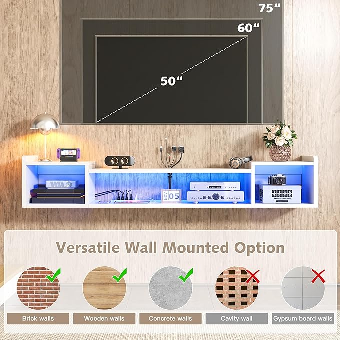 70.9"W Floating TV Stand with LED Lights & Power Outlets - Image 5