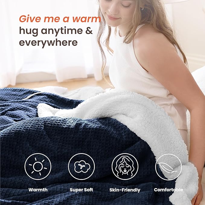 Heated Blanket Electric Blanket Full Waffle, 72x84 Inches Sherpa Fleece Fast - Image 3