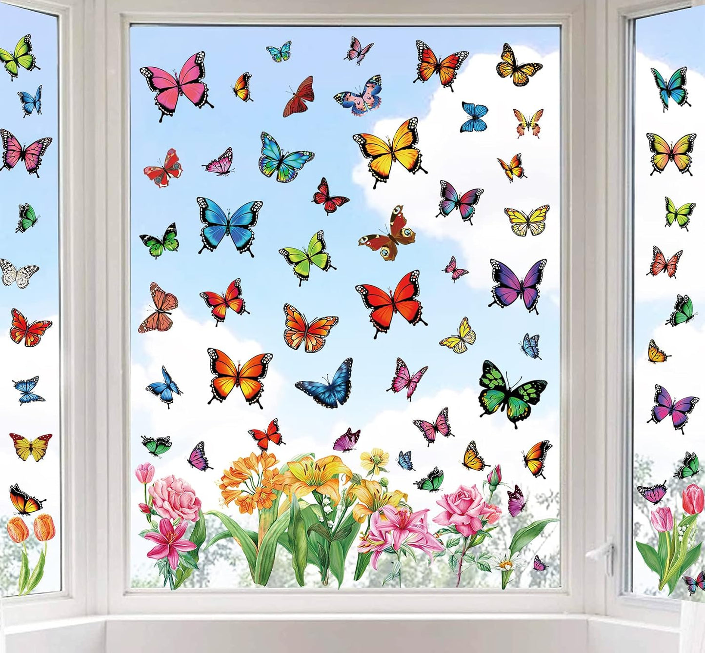 Whaline 9 Sheets Spring Butterfly Window Clings Summer Colorful Butterfly Flora Windows Decor Double-Sided Anti-Collision Reusable Decals Non-Adhesive for Home Window Glass