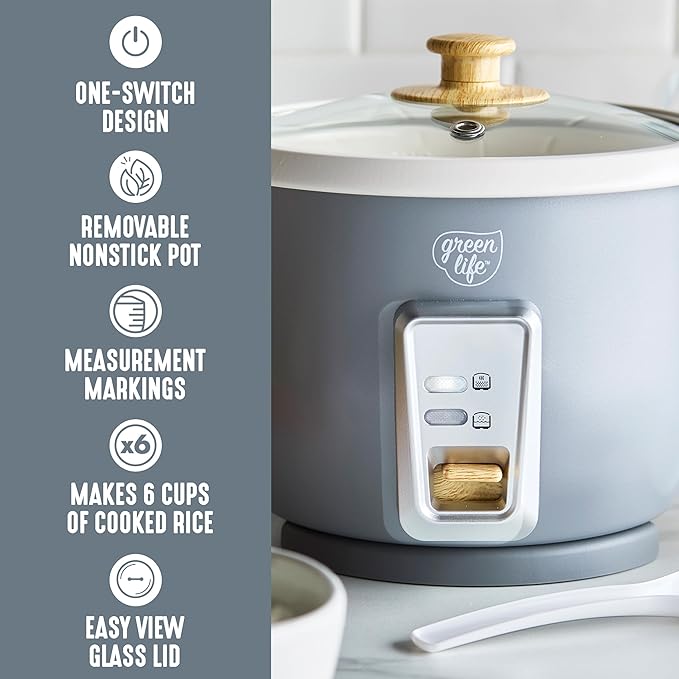 GreenLife Rice Cooker with Removable PFAS-Free Ceramic Nonstick Pot, 3-Cups - Image 4