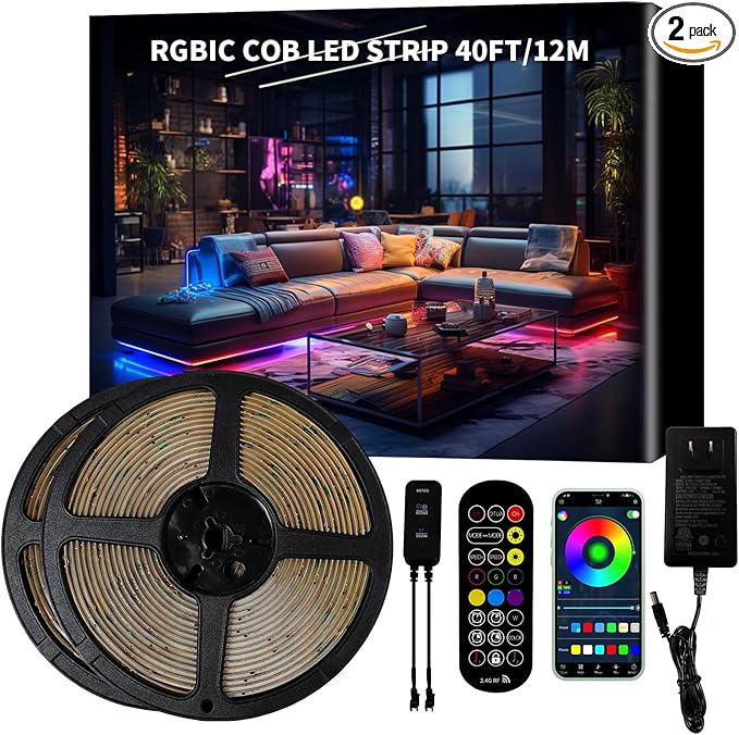 40ft COB RGB+IC LED Strip Lights, Bright Dream Color COB LED Light Strip by BUNACET