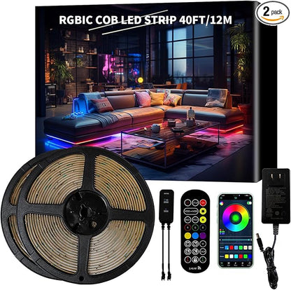 40ft COB RGB+IC LED Strip Lights, Bright Dream Color COB LED Light Strip by BUNACET