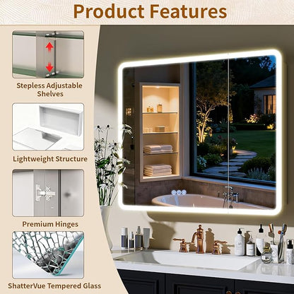 BEAUTYPEAK 36 x 32 LED Bathroom Medicine Cabinet Mirror, Adjustable Shelves - Image 3