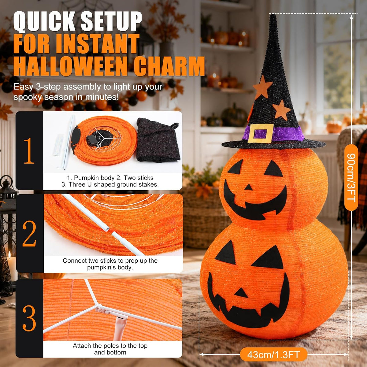3FT Collapsible Halloween Pumpkin Decorations for Porch, Yard, Home