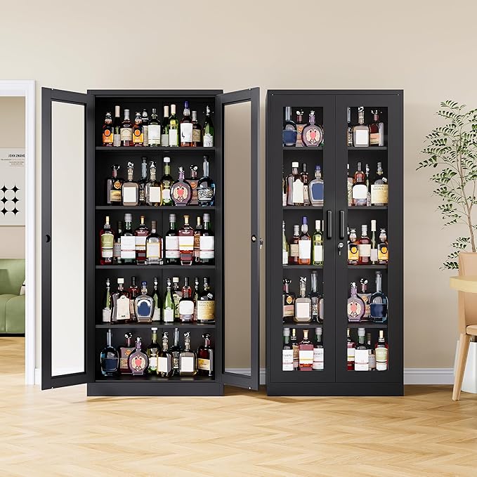 Metal Storage Cabinet with Lock and Glass Doors, Glass Display Cabinet - Image 2