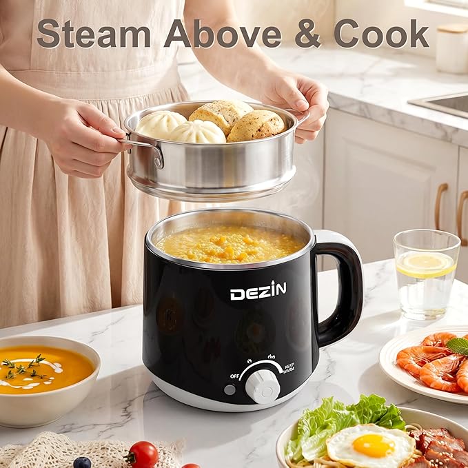 Dezin Hot Pot Electric with Steamer, Rapid Noodles Cooker, Stainless Steel - Image 4