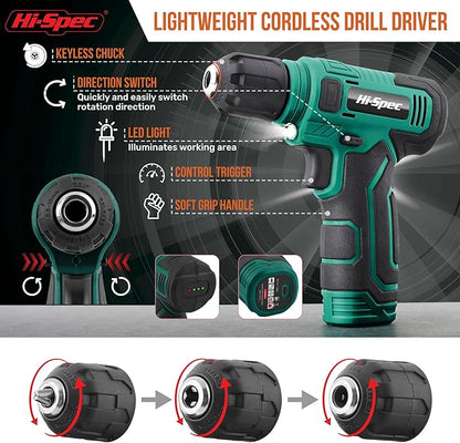 Hi-Spec 110pc Green 8V USB Electric Power Cordless Drill Driver Set. Drill Bits - Image 3
