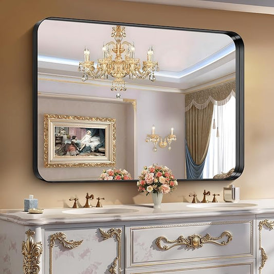 CIRCUMI Black Bathroom Mirror, Rounded Corner, Tempered Glass, Large Mirror by CIRCUMIMirror