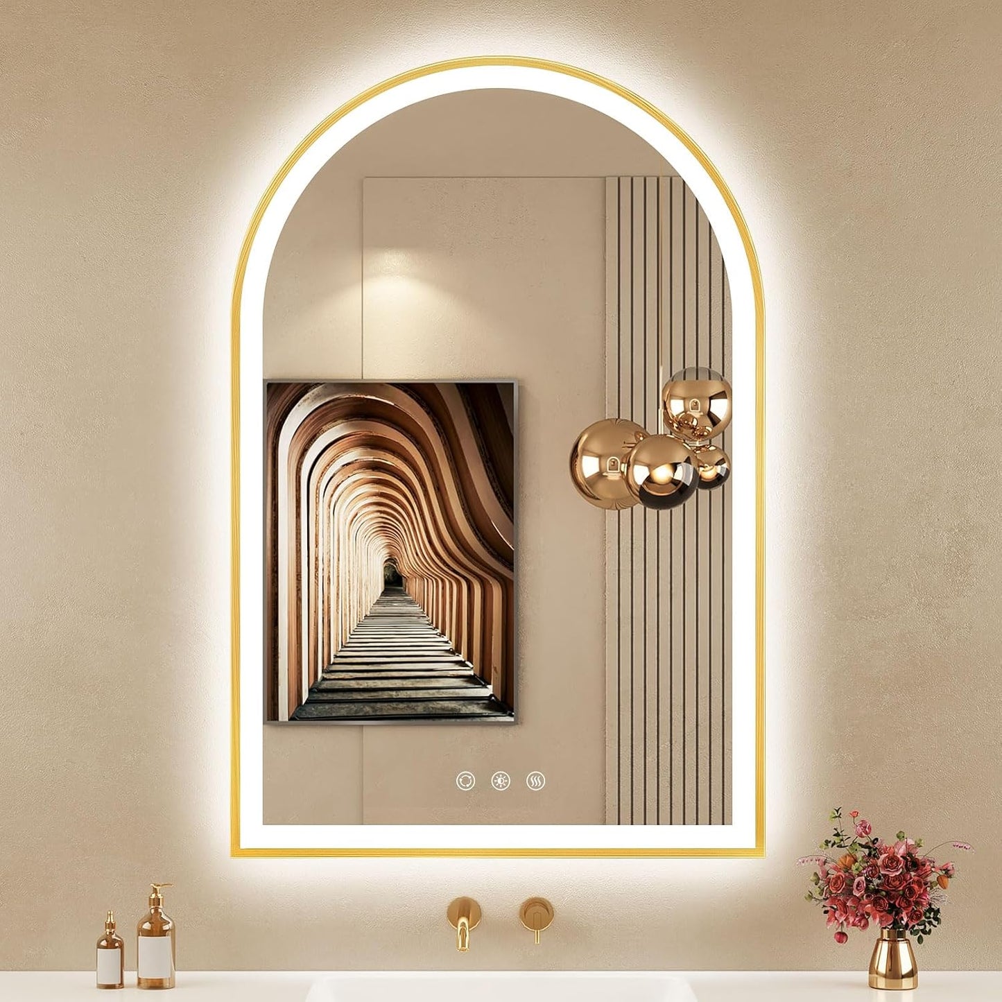 24"x36" Arched LED Lighted Bathroom Mirror with Lights | Gold Aluminum Frame, Fogless, Dimmable, Shatterproof, Touch Sensor, 3 Color Changing