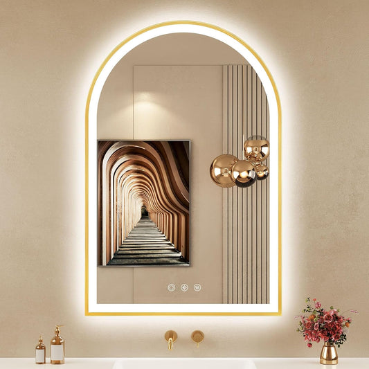 24"x36" Arched LED Lighted Bathroom Mirror with Lights | Gold Aluminum Frame, Fogless, Dimmable, Shatterproof, Touch Sensor, 3 Color Changing