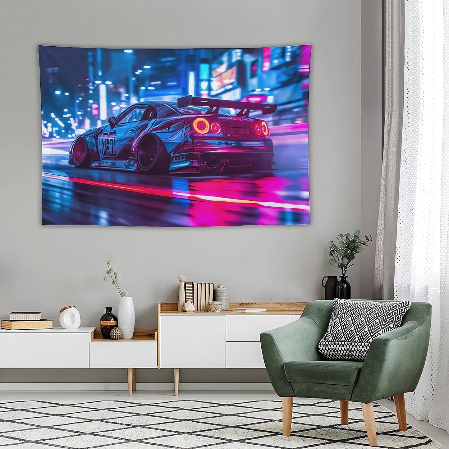 ANMOGID R35 Car Tapestry for Men Teen Boys, Neon Sports Car Tapestries City Night Wall Hanging Aesthetic Decoration for Bedroom Living Room Dorm Rainy Night Light Track Wall Art Decor 59"x39"