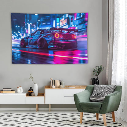 ANMOGID R35 Car Tapestry for Men Teen Boys, Neon Sports Car Tapestries City Night Wall Hanging Aesthetic Decoration for Bedroom Living Room Dorm Rainy Night Light Track Wall Art Decor 59"x39"