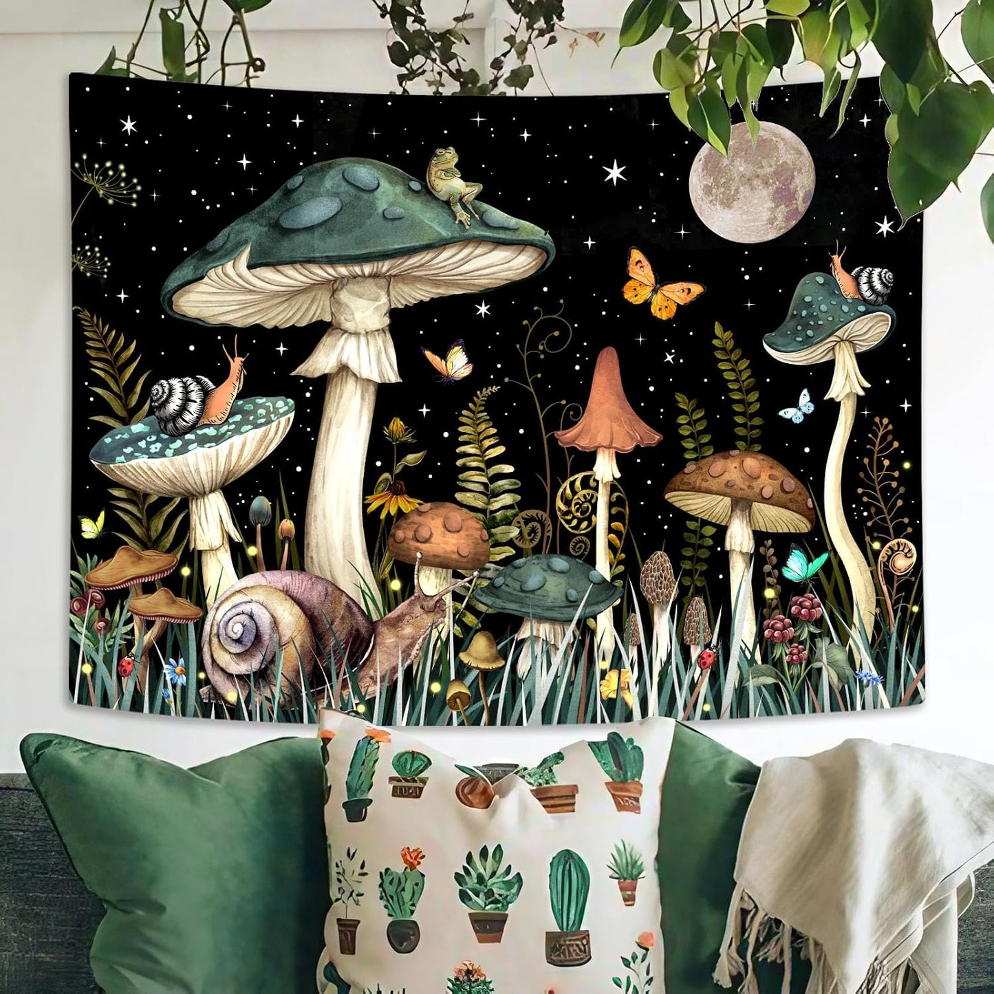 Zussun Green Mushroom Tapestry Moon Star Tapestries for Bedroom Aesthetic Starry Night Plant Tapastrys Wall Hanging Butterfly Snail Frog Wall Tapestry for Living Room Dorm (Dark, 48" x 36")